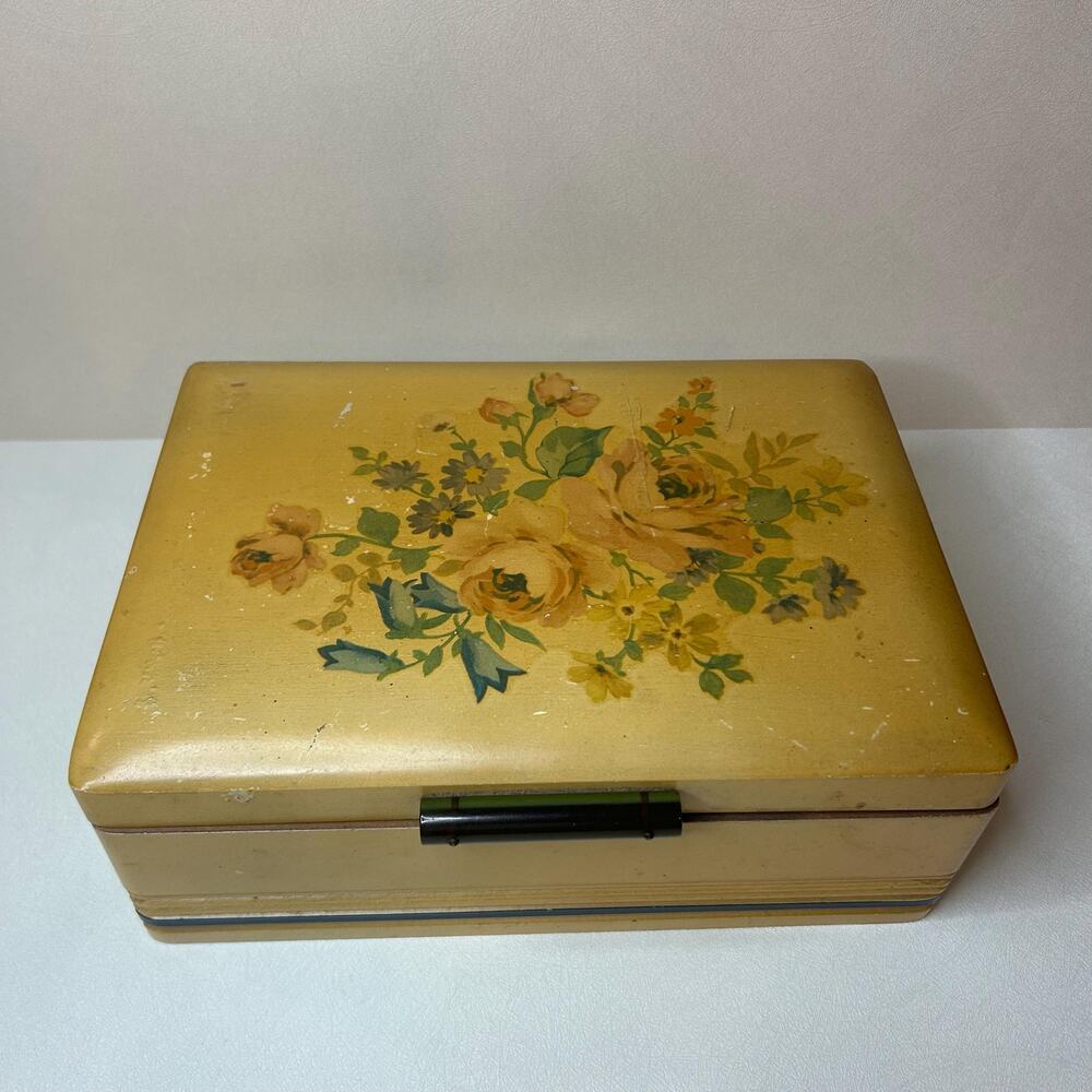 Vintage Art Deco Yellow Floral Wood Vanity Box with Bakelite Handle & Mirror